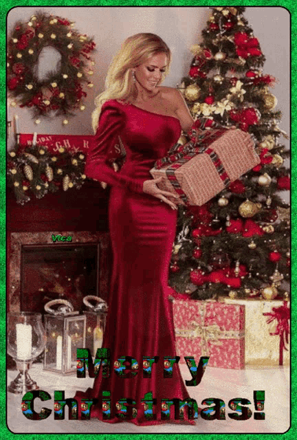 a woman in a red dress is holding a gift in front of a christmas tree and the words merry christmas