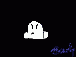 a pixel art drawing of a ghost with an angry face .