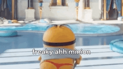 a minion is standing in front of a pool wearing a bikini bottom .