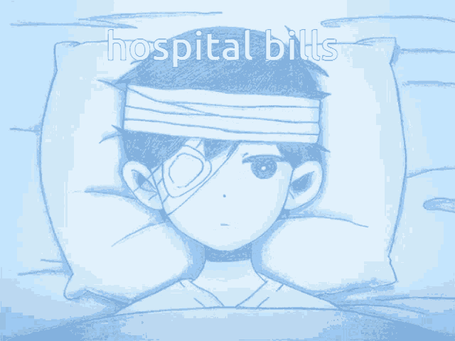 a drawing of a boy with a bandage on his head and the words hospital bills