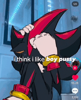 a drawing of shadow the hedgehog with the words i think i like boy pussy