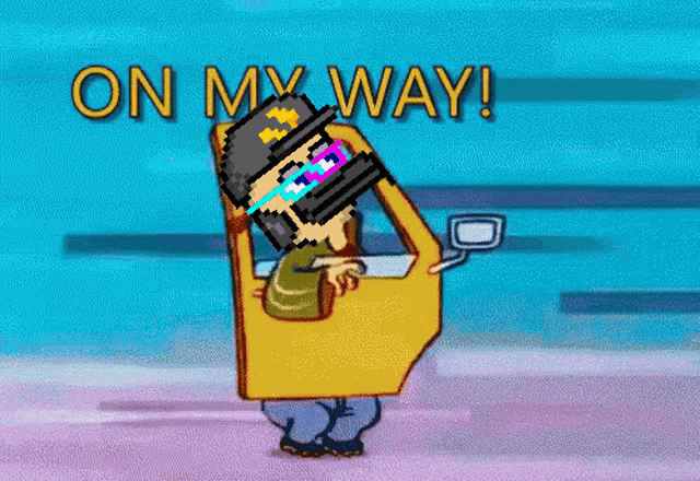 a pixel art of a man in a car with the words on my way behind him