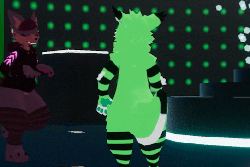 a green furry animal is standing next to a purple furry animal on a dark background .