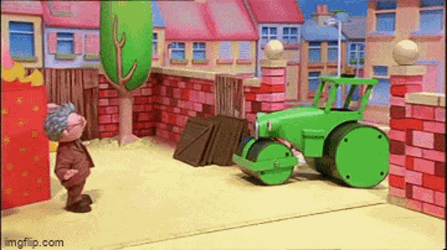 a cartoon scene with a green tractor and a man in a suit