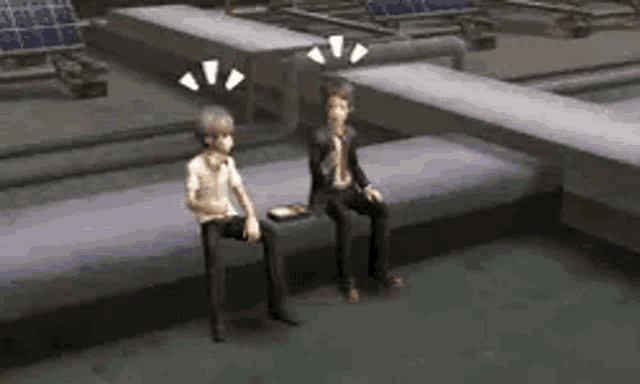 two anime characters are sitting on a bench in a video game .