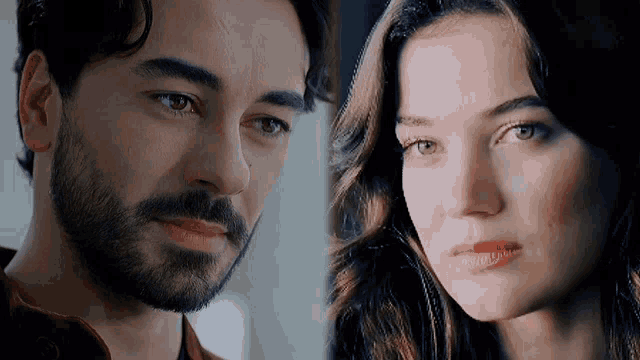 a man with a beard and a woman with long hair look at the camera