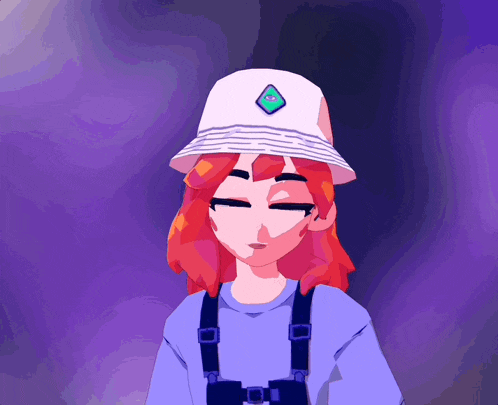 a girl with red hair wearing a bucket hat with a diamond on it