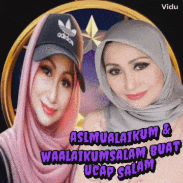 two women wearing hijabs and hats with the words aslmualaikum & waalaikumsalam buat ucap salam