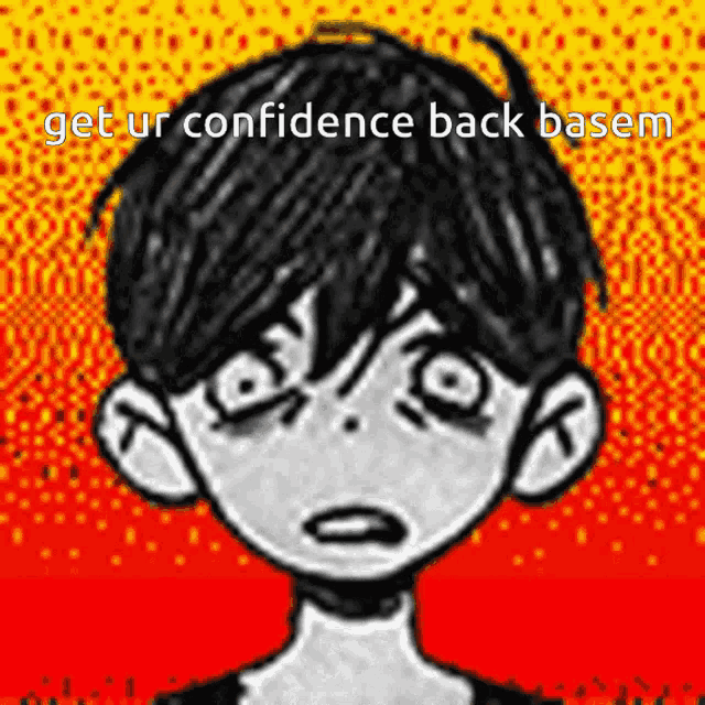 a black and white drawing of a boy with the words get ur confidence back basem below him
