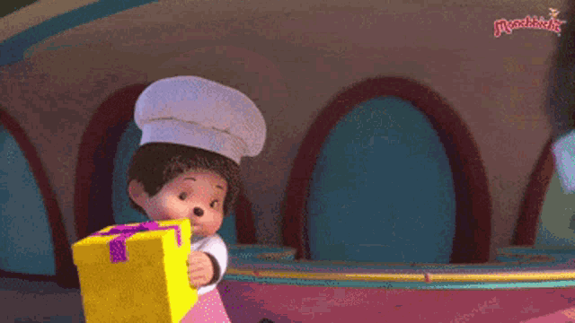 a cartoon character wearing a chef 's hat is holding a gift box