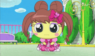 a cartoon character with brown hair and a pink bow