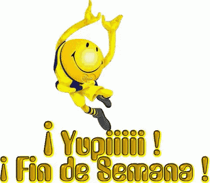 a yellow smiley face is jumping in the air with the words fin de semana below him