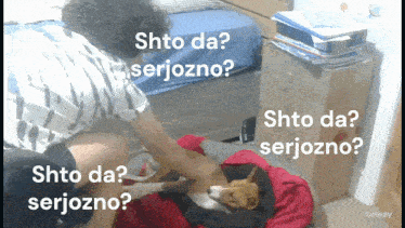 a man playing with a dog with the words skto da serjozno