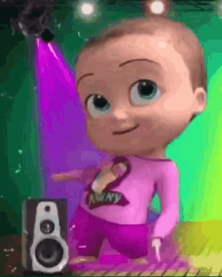 a baby wearing a shirt that says always is dancing in front of a speaker