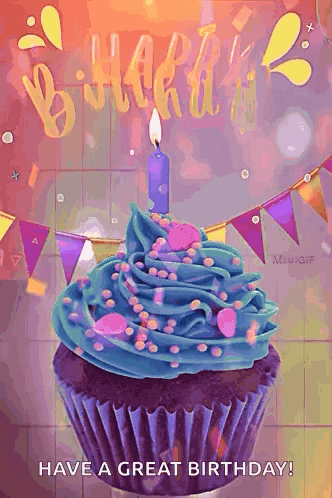 a cupcake with blue frosting and sprinkles and a candle on it .