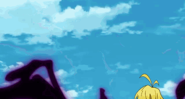 a cartoon character is standing in front of a blue sky with white clouds .