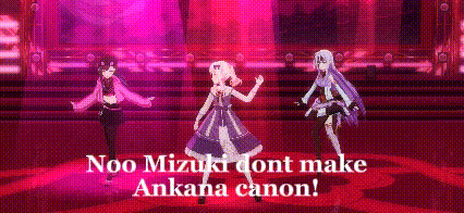three anime characters are dancing on a stage with the words noo mizuki dont make ankana canon
