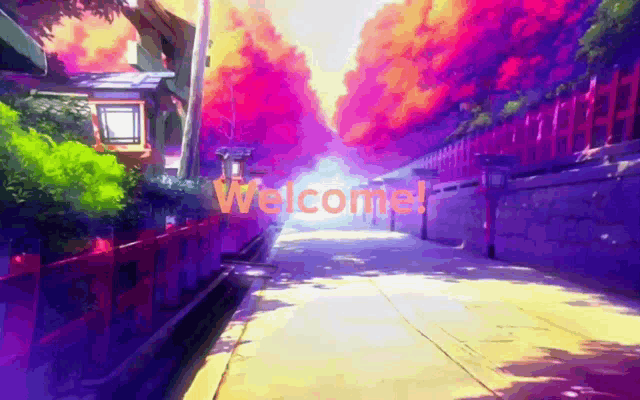 a painting of a street with the words welcome written in red