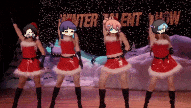 a group of girls are dancing in front of a winter talent show sign