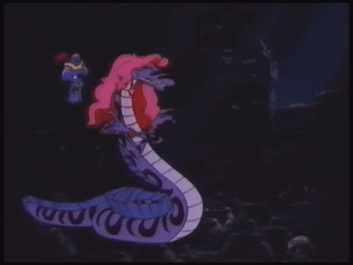a cartoon of a snake with a pink haired woman