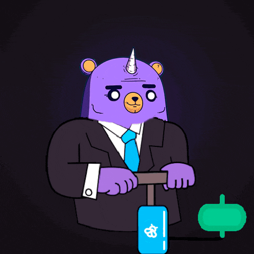 a purple teddy bear in a suit and tie is holding a blue object