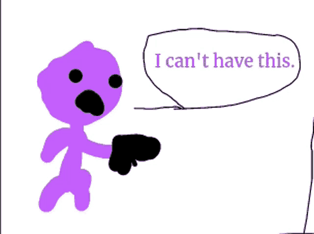 a drawing of a purple stick figure with a gun and a speech bubble that says i can 't
