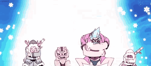 a cartoon of franky from one piece dancing with a dog and a woman