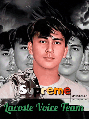 a poster for the supreme lacoste voice team shows a young man