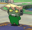 a cartoon character with a box on his head