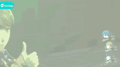 a girl is giving a thumbs up in a video game with a qooapp logo in the corner