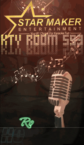 a poster for star maker entertainment features a microphone and music notes
