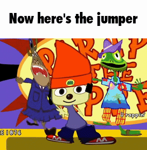 a cartoon character with the words now here 's the jumper
