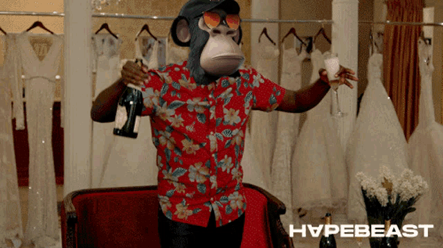 a man with a monkey head holding a bottle of champagne