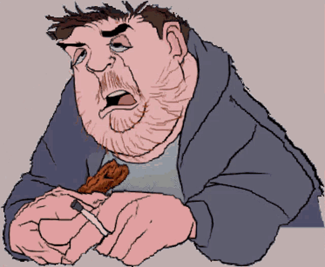 a cartoon drawing of a man eating a piece of meat with a knife