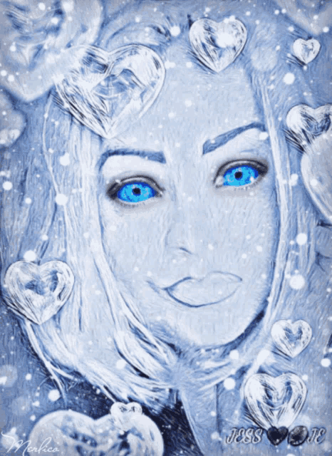 a drawing of a woman with blue eyes surrounded by hearts and snow