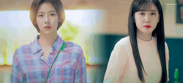 two women are standing next to each other and looking at the camera . one of the women is wearing a plaid shirt .