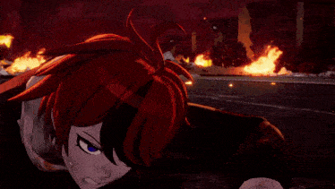 a cartoon character is laying on the ground in front of a burning vehicle