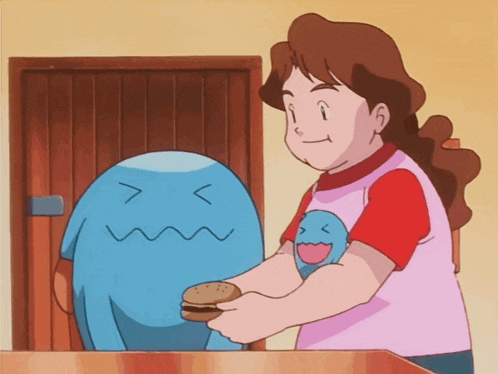 a woman in a pink shirt is holding a hamburger in front of a blue pokemon