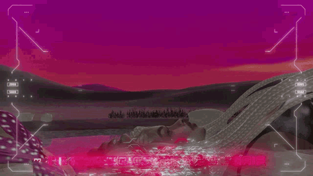 a video game screen shows a person laying on the ground with a purple sky behind them
