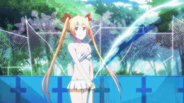 a girl in a bathing suit is holding a sword in front of a fence with crosses on it