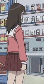 a girl in a red skirt stands in front of a vending machine that says ' srr ' on it
