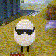 a pixelated sheep wearing sunglasses and a hat is standing in the sand .