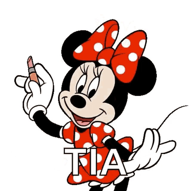 minnie mouse is wearing a red polka dot dress and holding a lipstick in her hand .
