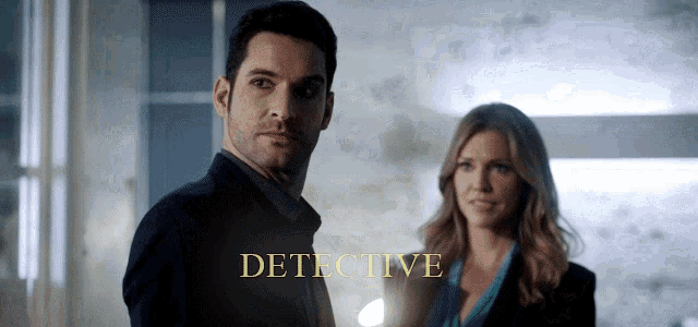 a man and a woman are standing next to each other and the word detective is visible