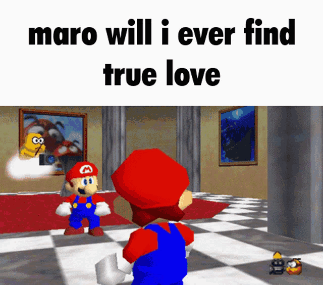 a cartoon of mario with the words " maro will i ever find true love " below him