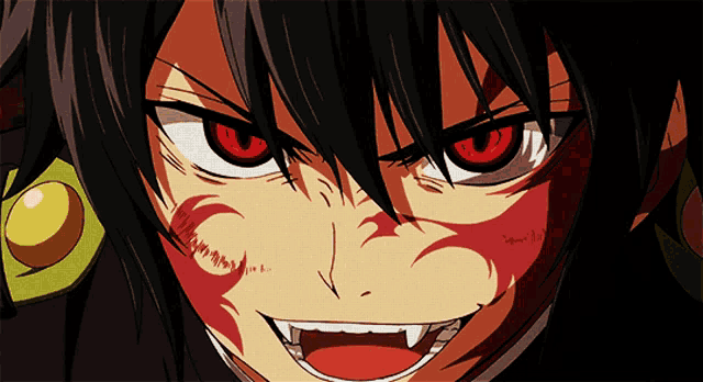 a close up of a person with red eyes and teeth