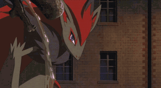 a cartoon fox is standing in front of a brick building with a purple light coming out of its mouth