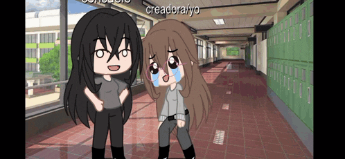 two cartoon characters are standing next to each other in a hallway with the name creadora / yo written on the bottom