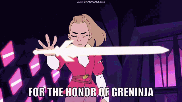a cartoon of a girl holding a sword with the words for the honor of greninja