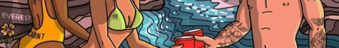 a cartoon of a man and two women holding red cups with the word everest on the bottom